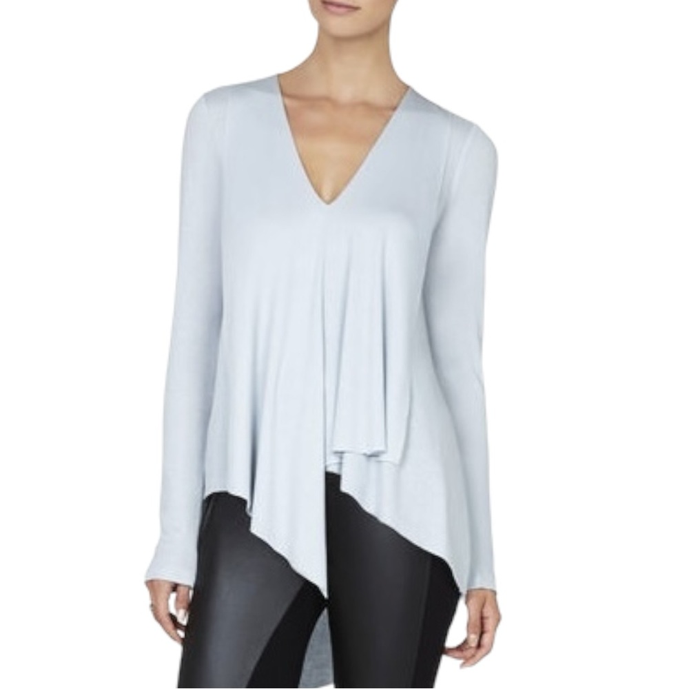 BCBG S Flowy Draped Trishna Tunic Asymmetrical Hem Long Sleeve Top in Blue Haze